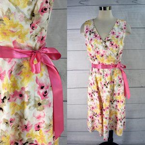 ANN TAYLOR Factory Dress 10 Linen Rayon Ribbon Tie Belt Pink Floral Faux Wrap